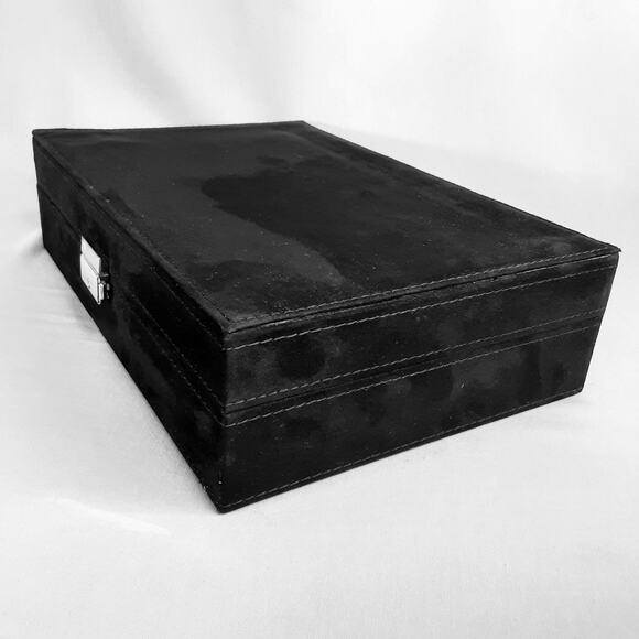 Black Velvety Fabric Lined Jewelry Box Multi Compartments Mirror Locking  Key - Picture 4 of 13
